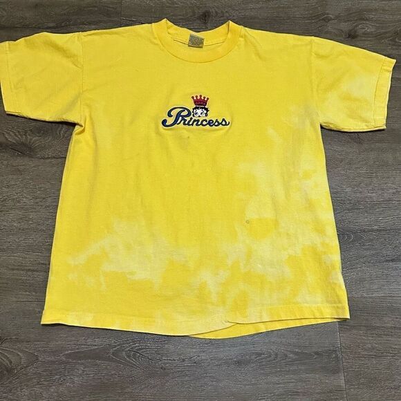 Vintage Betty Boop Women’s Yellow Bleached Embroidered Princess T Shirt Sz Large - Picture 1 of 11